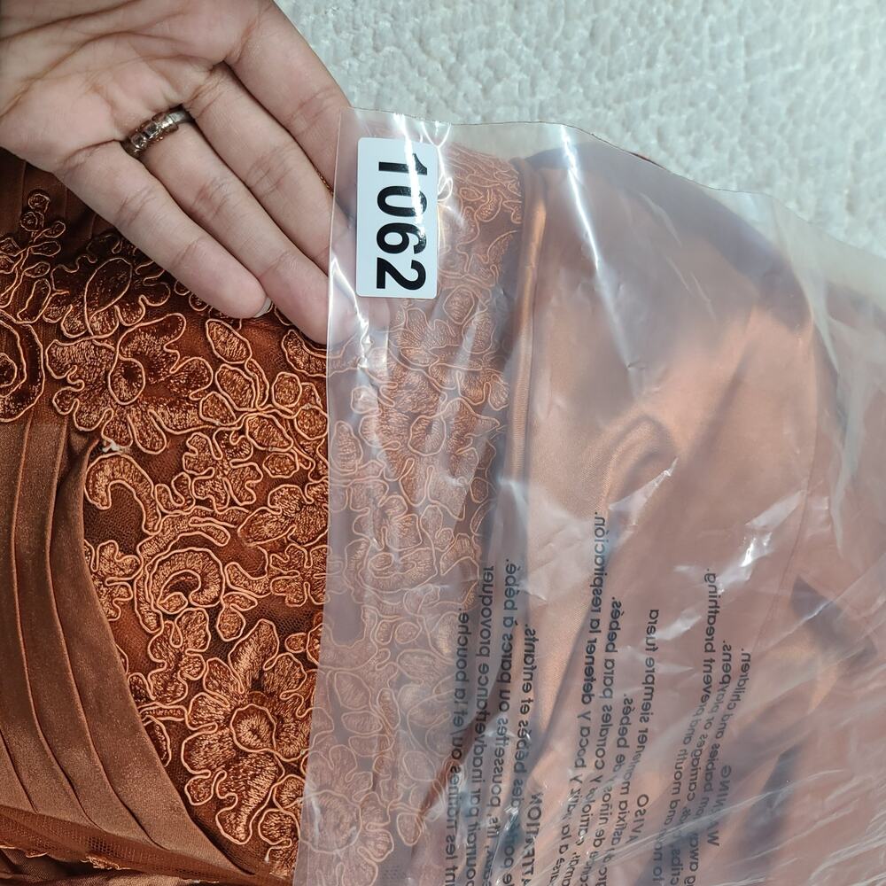 Cape sleeve lace applique pleated waist burnt orange dress Sz 12 formal wedding - Picture 11 of 13